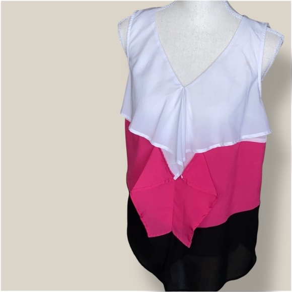 Rafaella Sleeveless Tank Tiered Ruffle Colorblock Black White Pink Fuchsia M - Picture 1 of 11